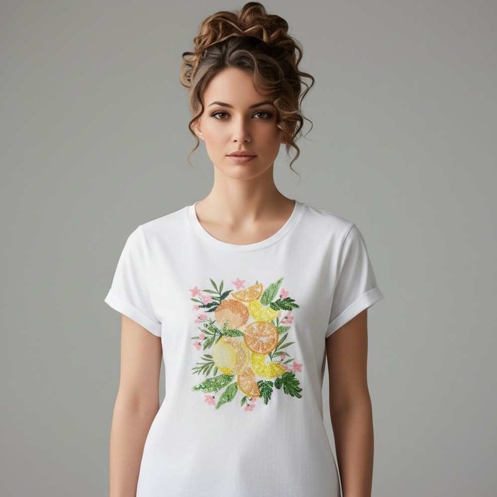 J.Crew White Citrus Sequin Collector Tee Medium Lemon Orange Embroidered